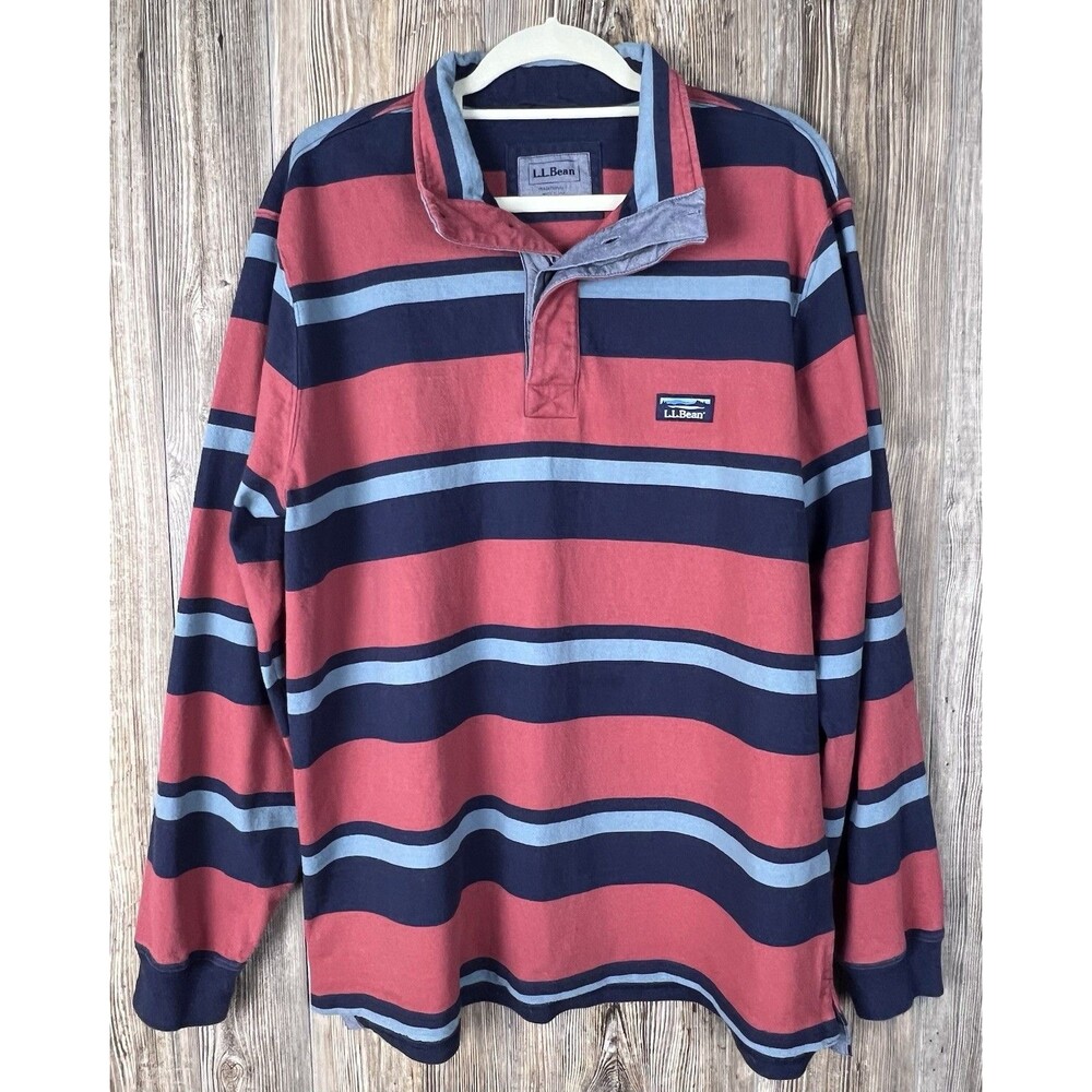 Vtg LL Bean Rugby Shirt Mens L Striped Heavy Cotton‎ Retro Prep Dad-Core Campus